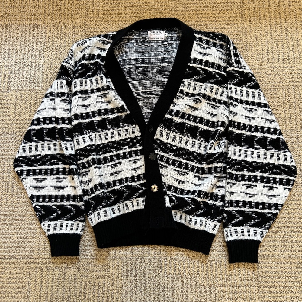 Hilton Black and White Cardigan Sweater with Geometric Pattern